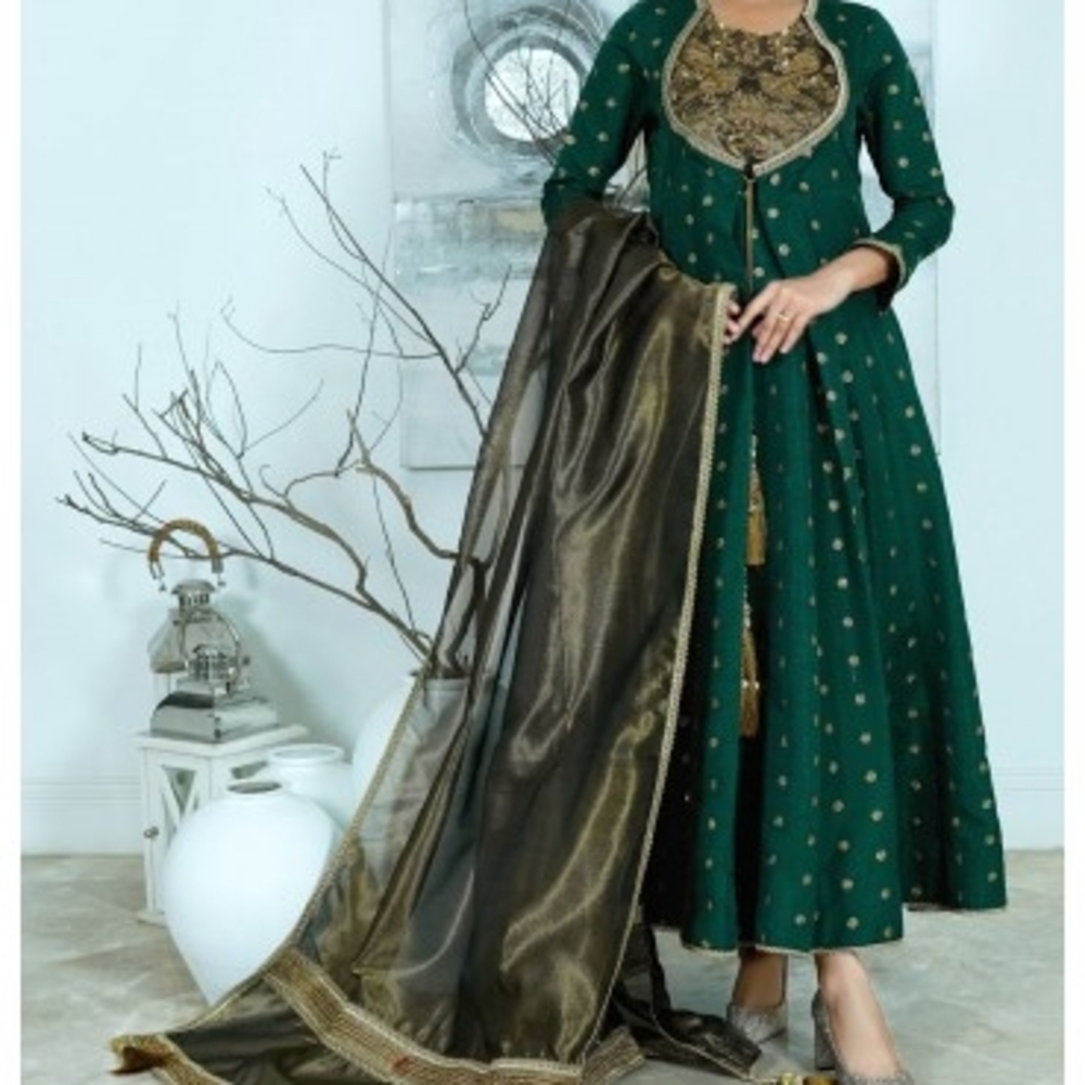 Elegant Green and Gold Anarkali Dress